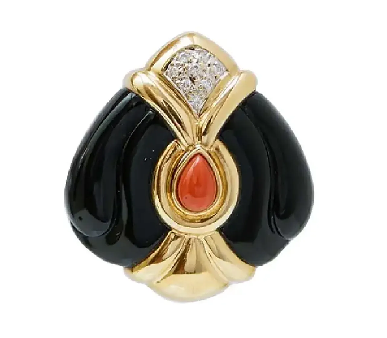 Yellow gold earrings with onyx, coral and diamonds, 1950s 2