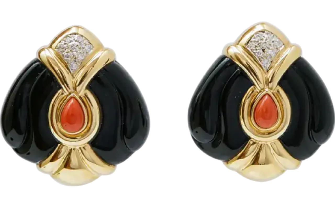 Yellow gold earrings with onyx, coral and diamonds, 1950s 6