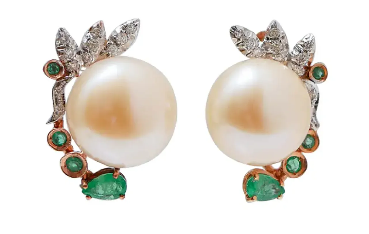 Rose gold earrings with pearls, emeralds, diamonds, 1970s 1