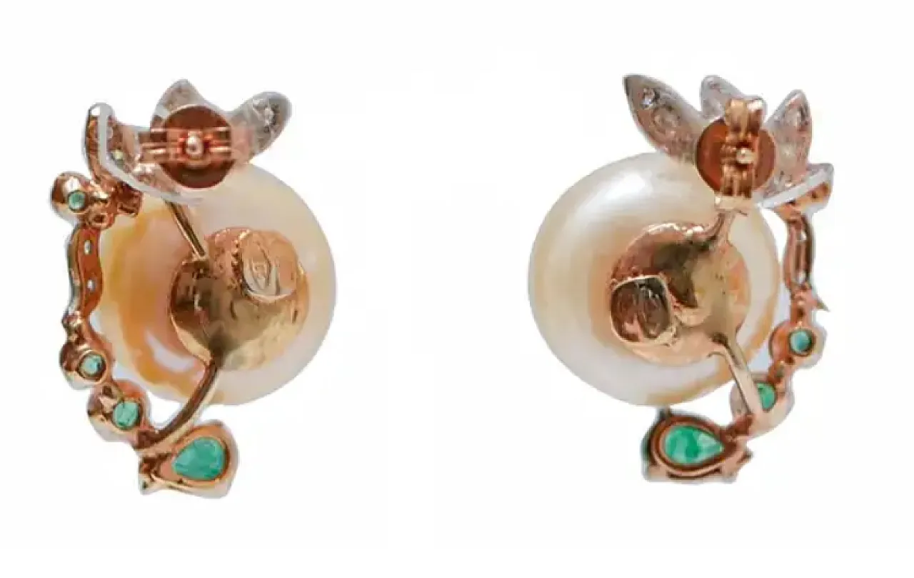 Rose gold earrings with pearls, emeralds, diamonds, 1970s 2