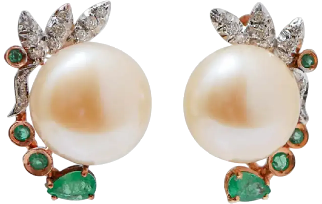 Rose gold earrings with pearls, emeralds, diamonds, 1970s 5