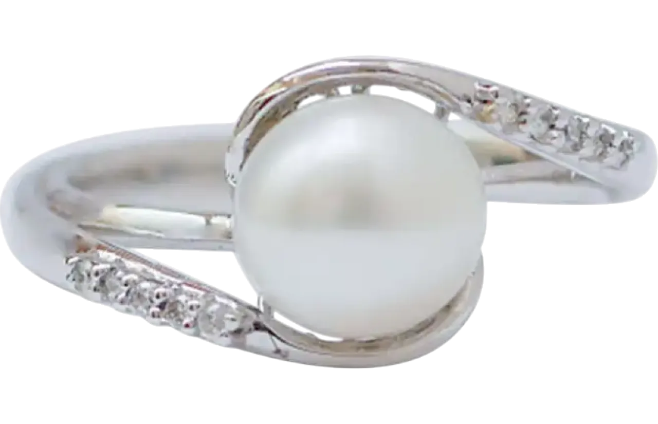 Anello in oro bianco 18 carati con perla e diamanti, anni 2000 6