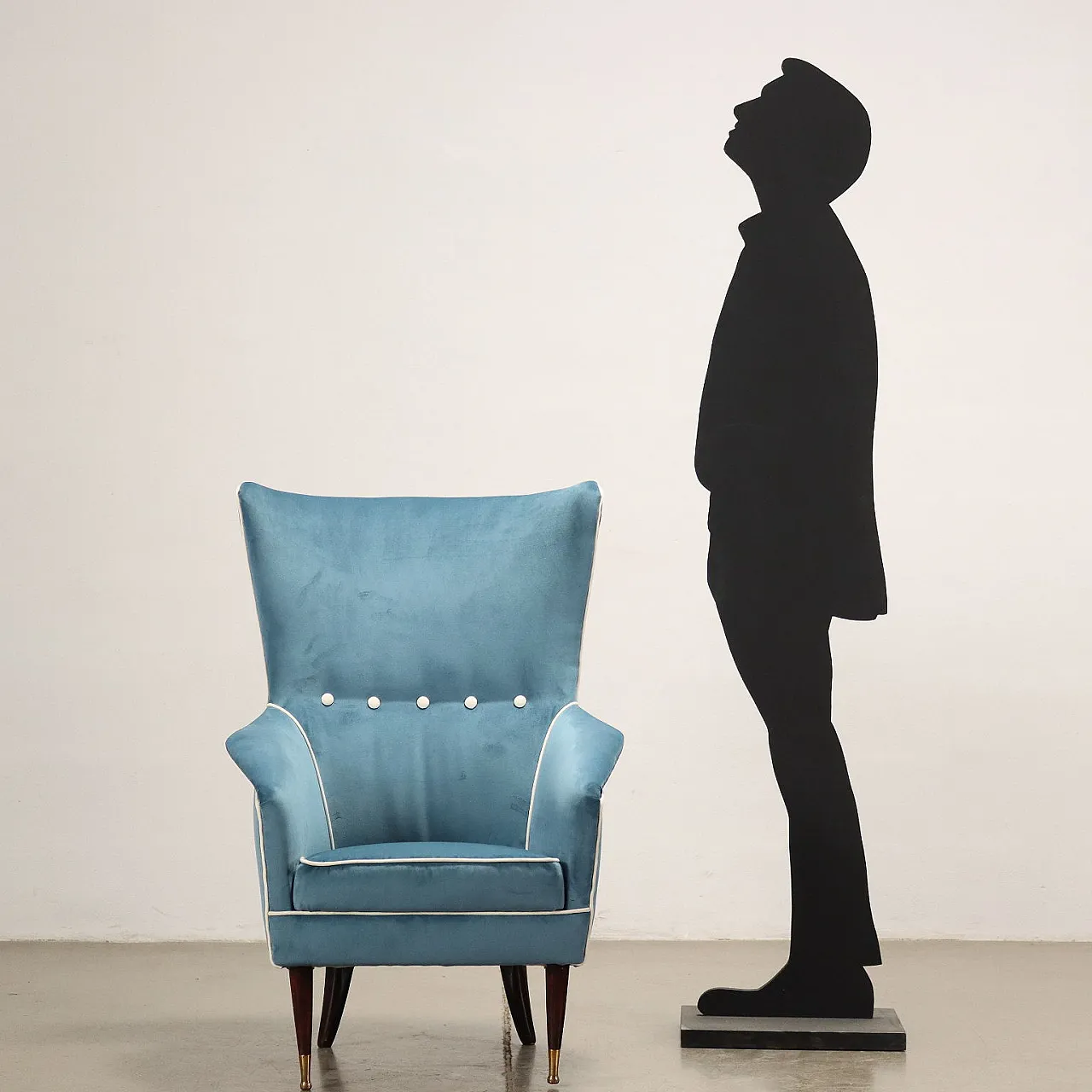 Light blue velvet armchair with wooden legs, 1950s 2