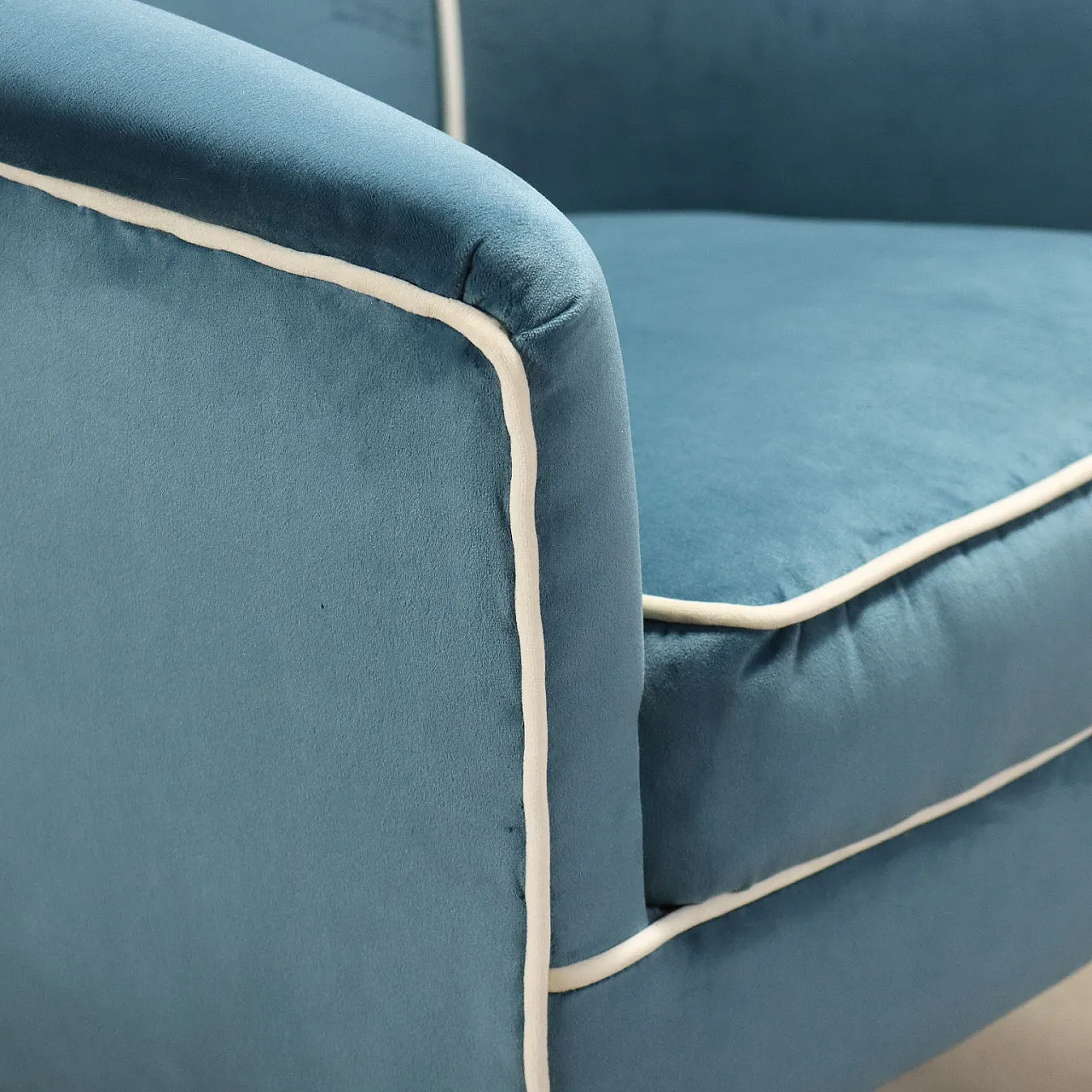 Light blue velvet armchair with wooden legs, 1950s 5