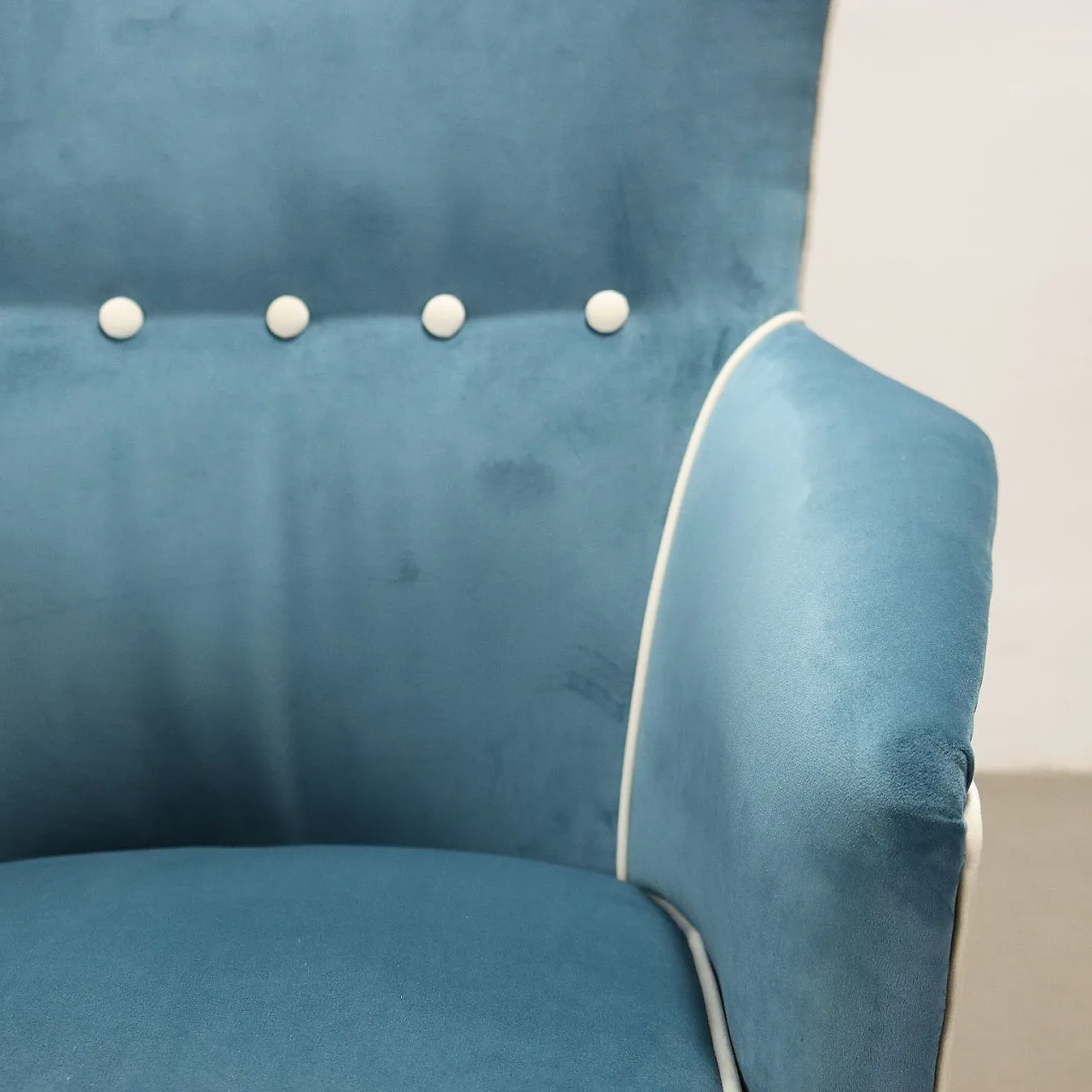 Light blue velvet armchair with wooden legs, 1950s 6