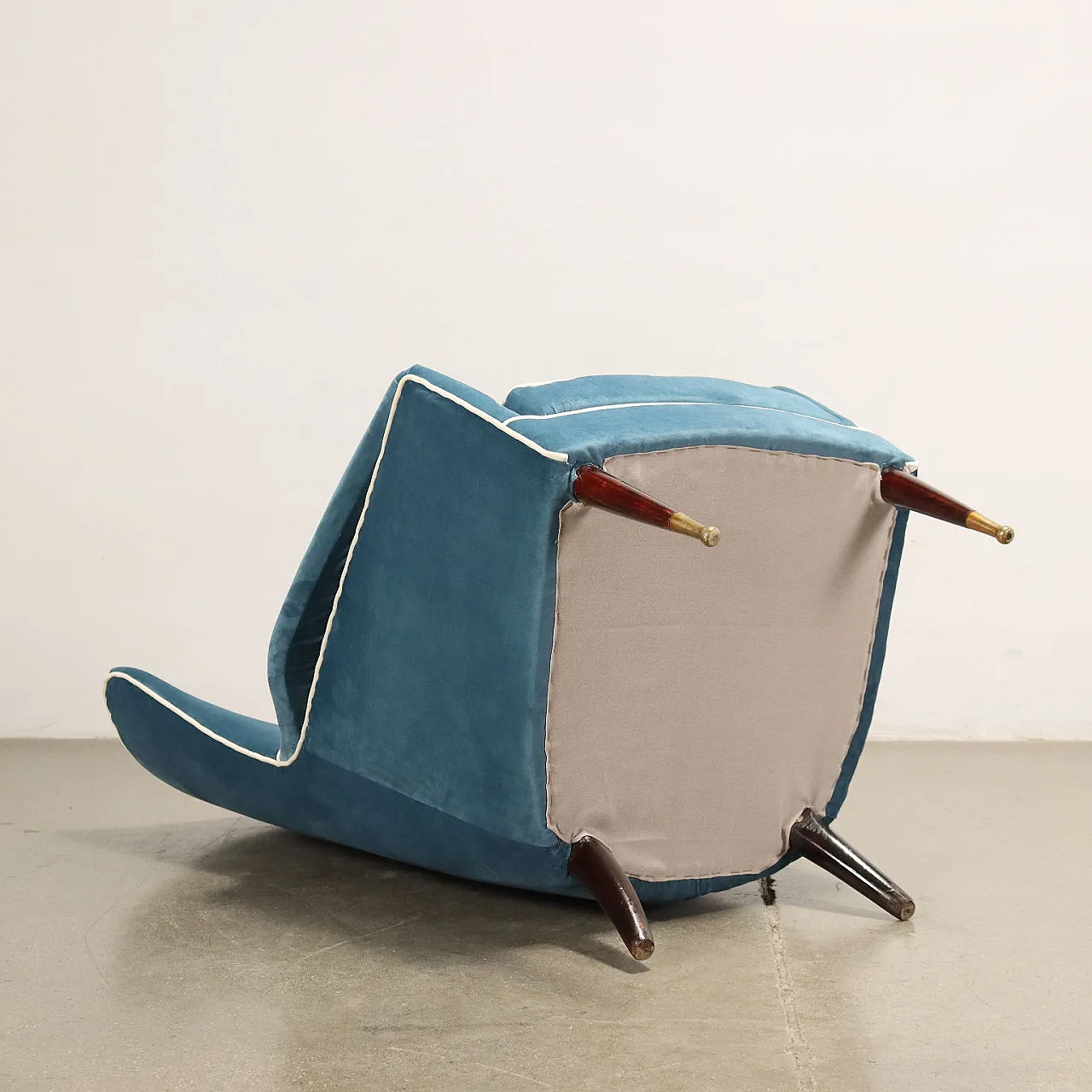 Light blue velvet armchair with wooden legs, 1950s 10