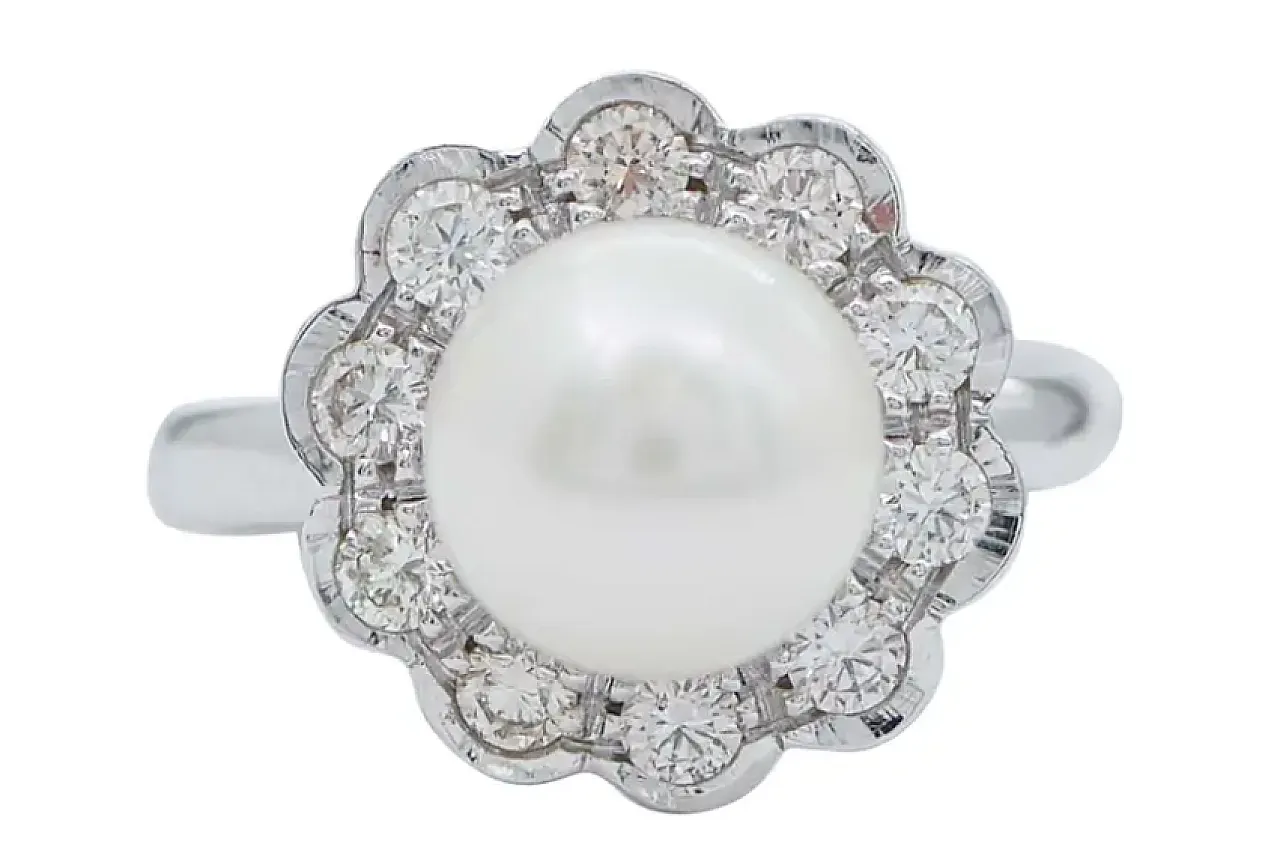 Ring with pearls, diamonds and 14K white gold, 1970s 1