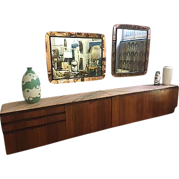 Pair of sideboards in exotic woods and pink marble, 1980s