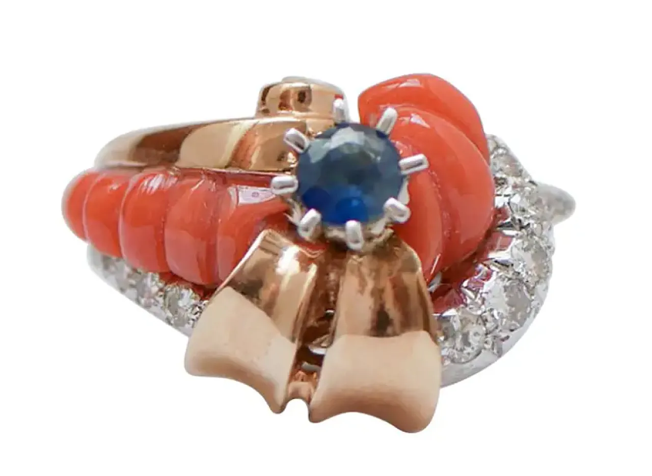 Anello con corallo, zaffiro, diamanti, oro rosa 14 carati, anni '50 1