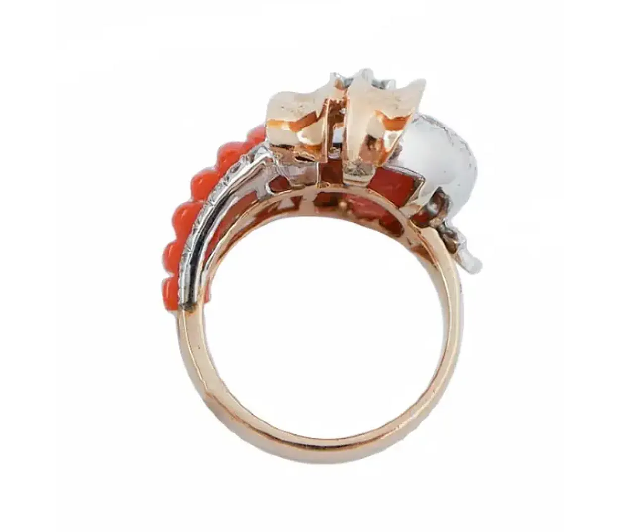 Anello con corallo, zaffiro, diamanti, oro rosa 14 carati, anni '50 3