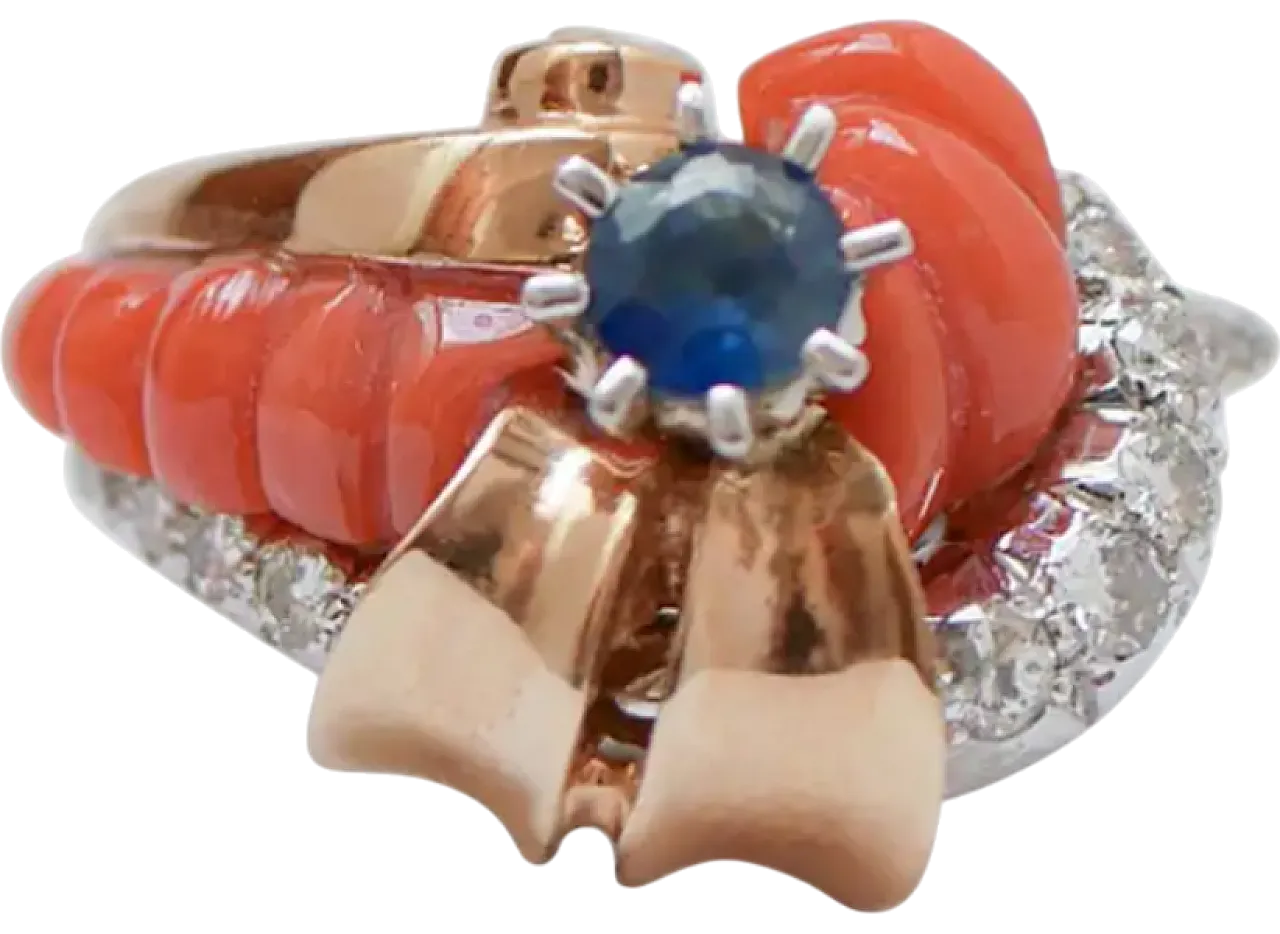 Anello con corallo, zaffiro, diamanti, oro rosa 14 carati, anni '50 6
