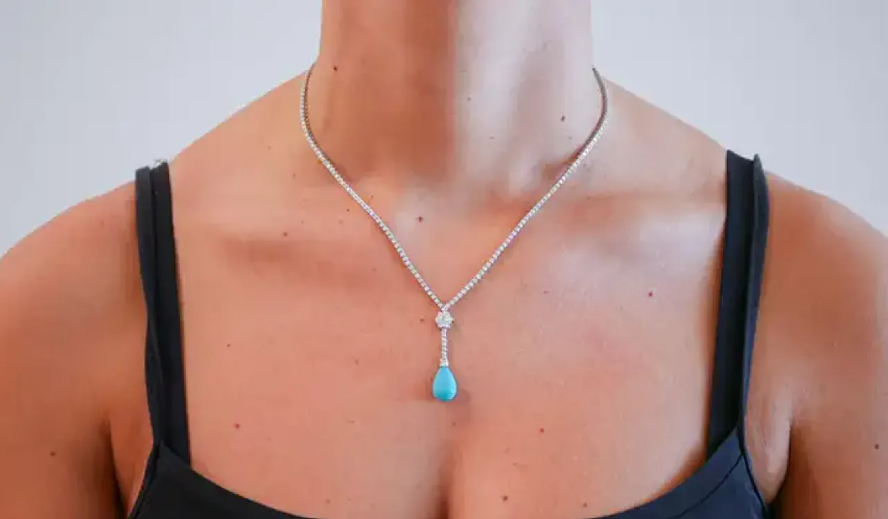Tennis necklace in turquoise, diamonds and 14-carat white gold, 2000s 4