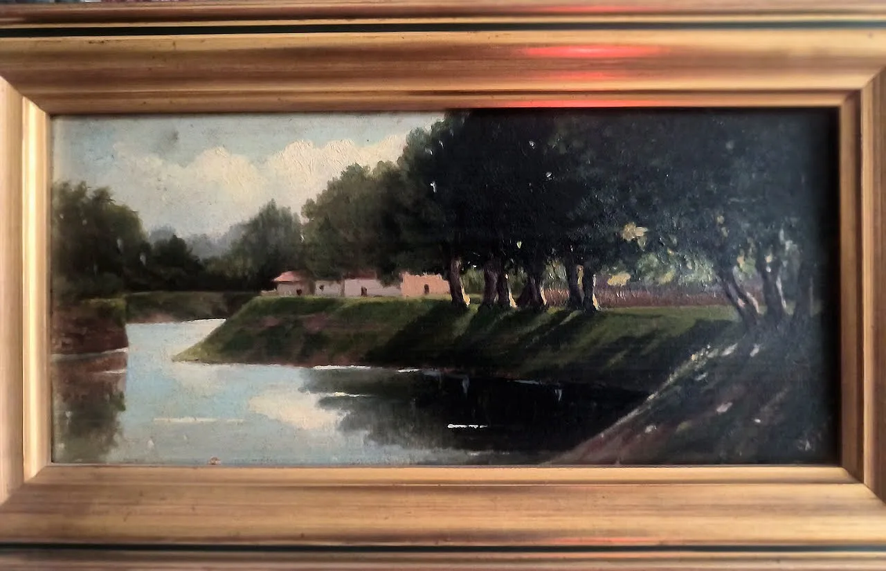 "PAESAGGIO FLUVIALE" firma: CARETTI olio su tavola, '800 1