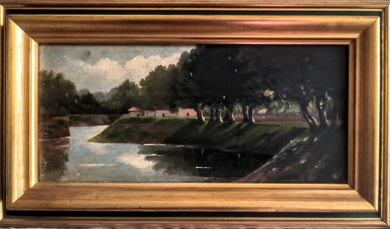 "PAESAGGIO FLUVIALE" firma: CARETTI olio su tavola, '800 2