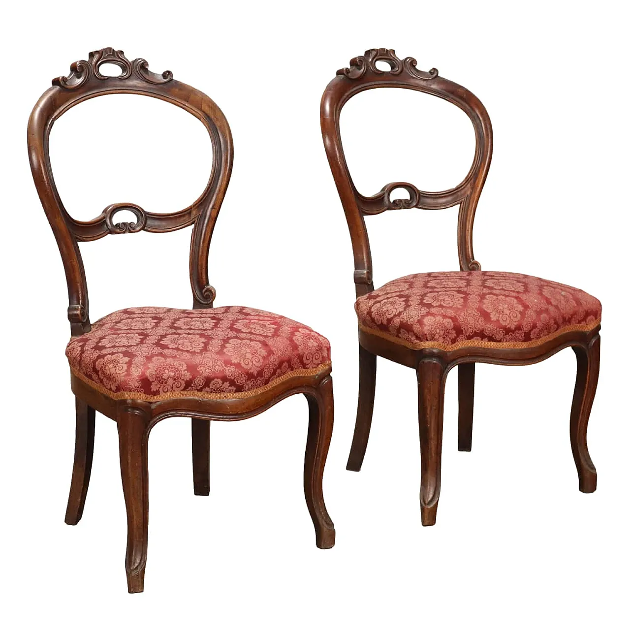Pair of Louis Philippe chairs in walnut & red fabric, 19th century 1