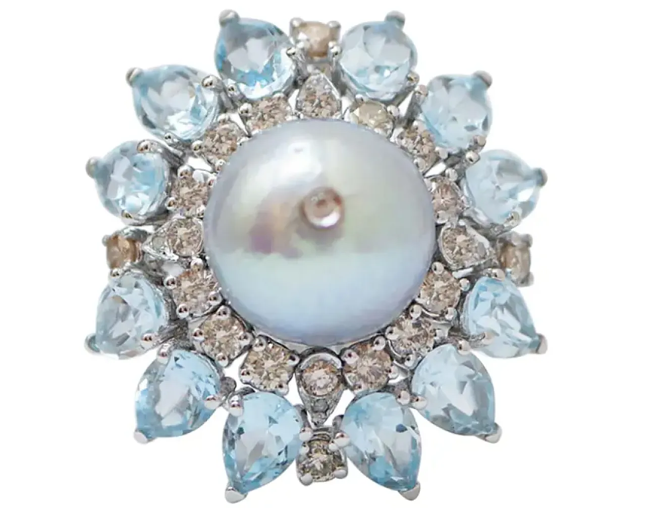 White gold ring with topazes, pearl and diamonds, 1970s 1