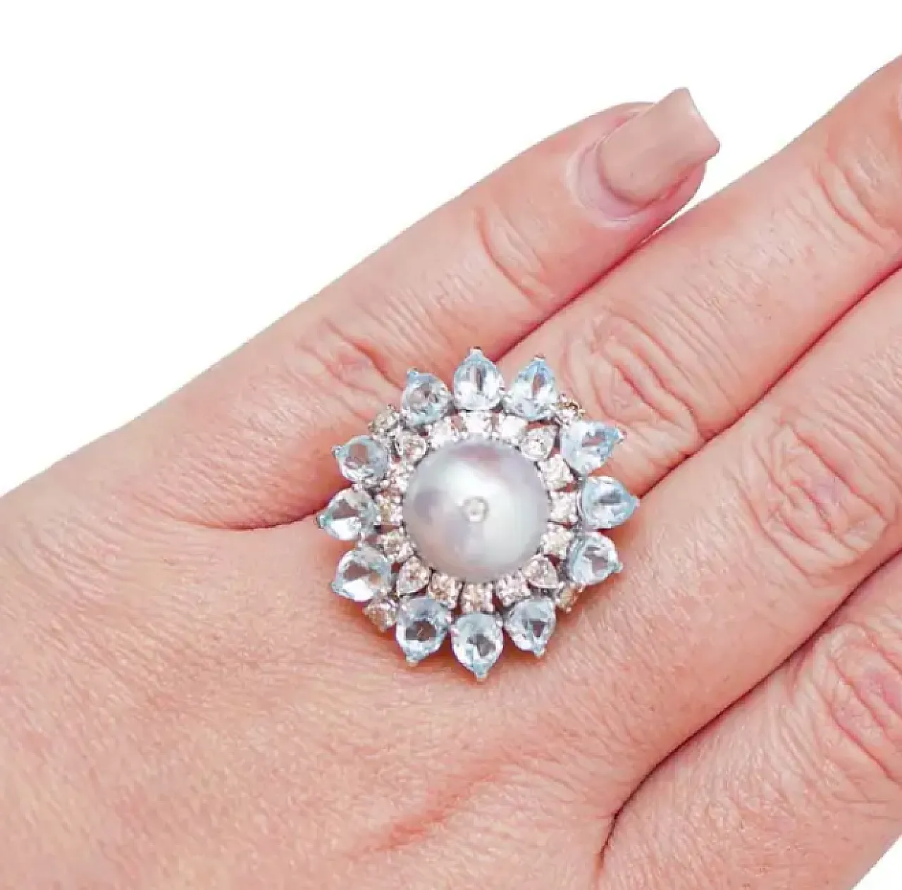White gold ring with topazes, pearl and diamonds, 1970s 4