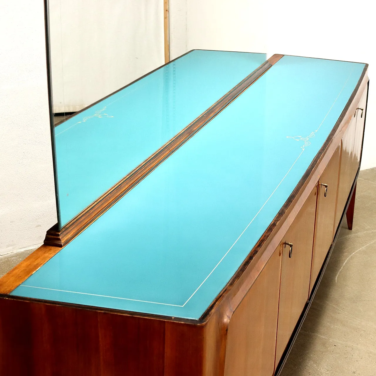 Walnut veneered wood buffet sideboard with mirror, 1950s 5