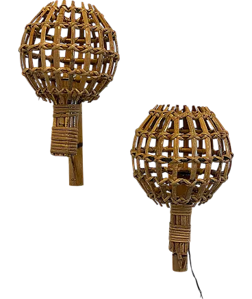 Pair of rattan and bamboo wall sconces, 1970s
