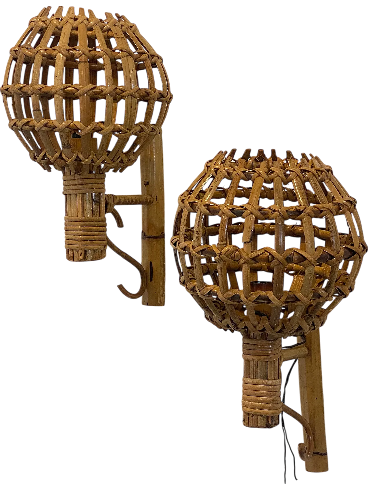 Pair of 1970s rattan and bamboo wall sconces 6