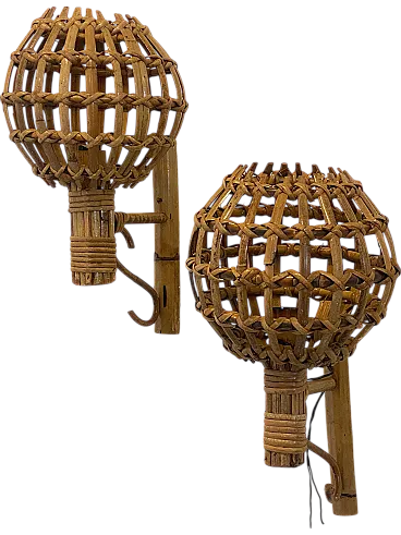 Pair of 1970s rattan and bamboo wall sconces