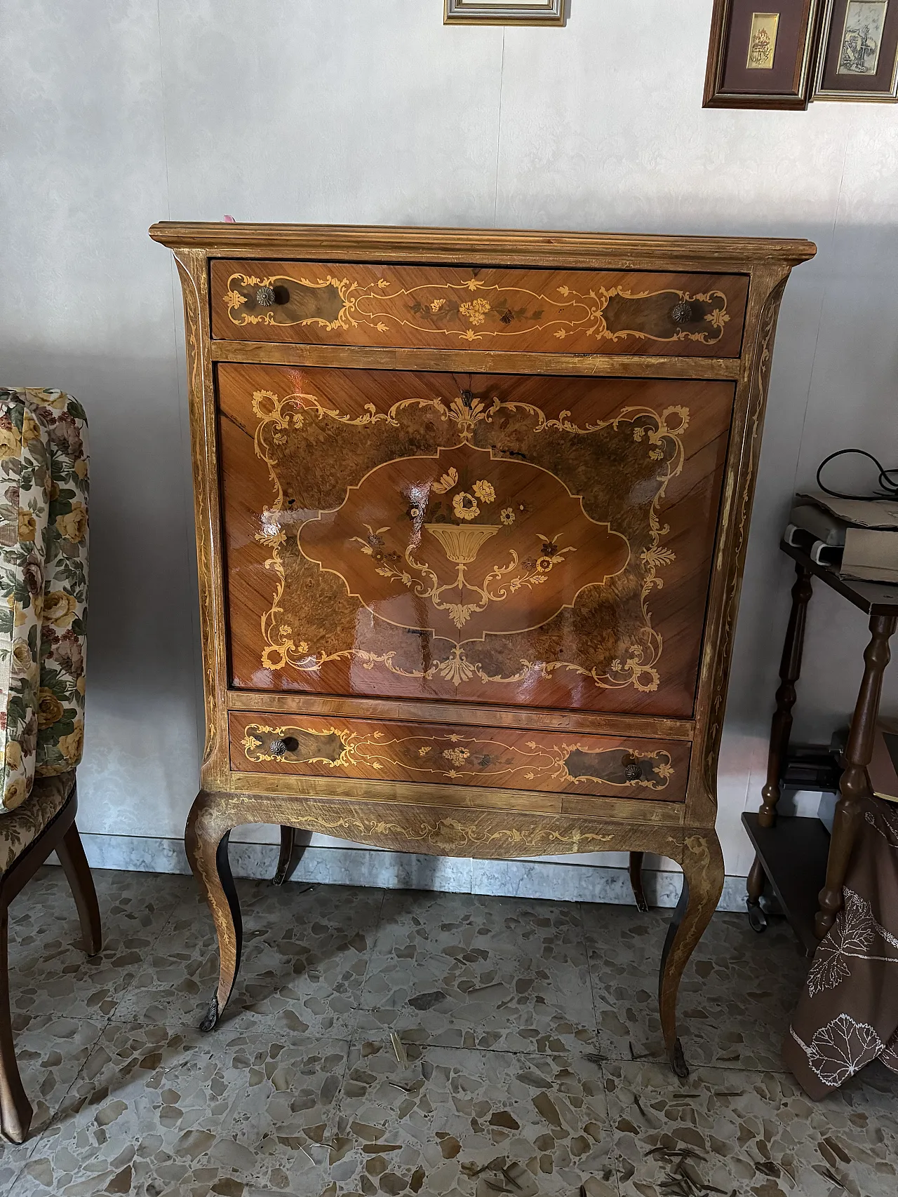 Mobile bar antico in legno con ribalta, primo '900 1