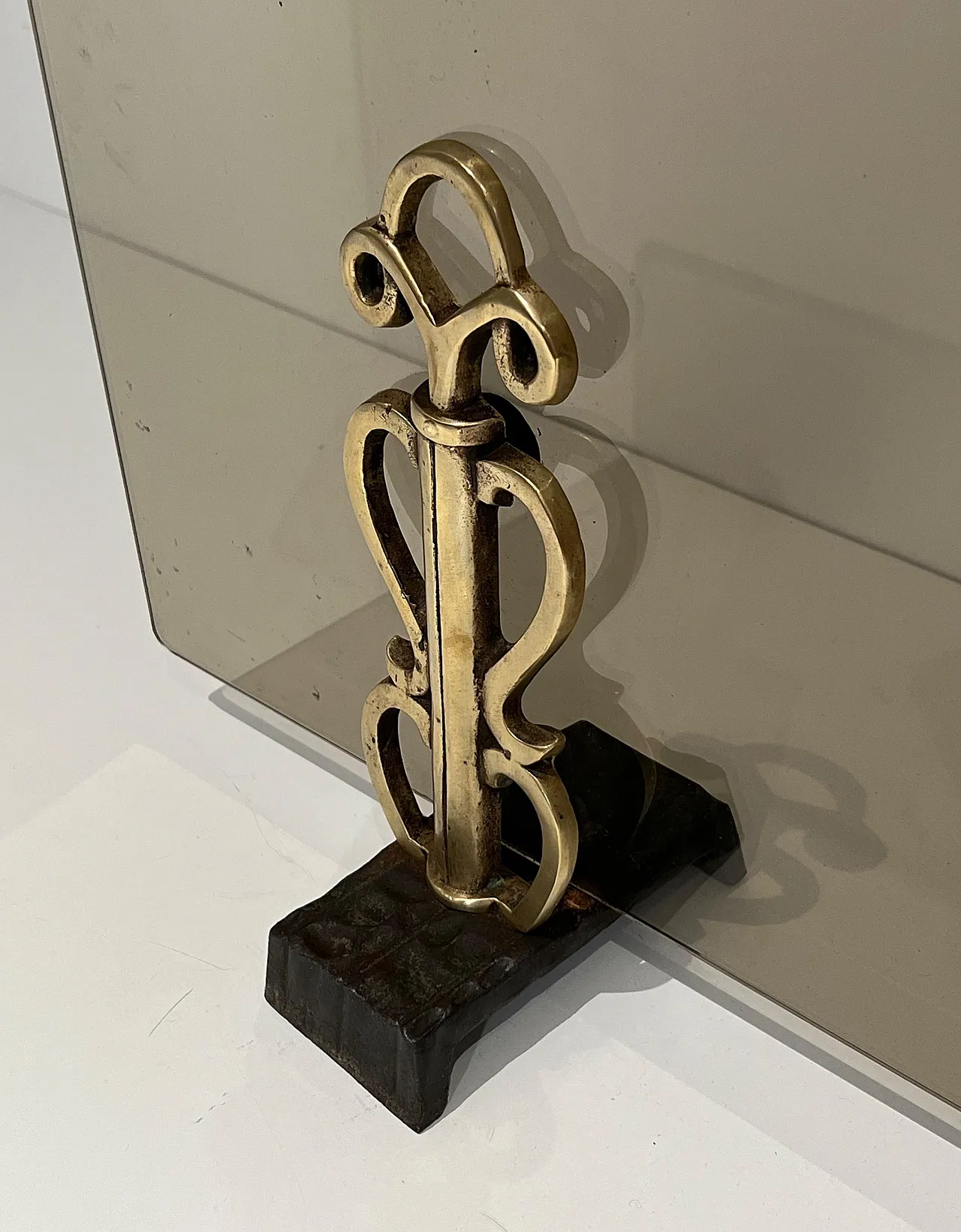 Paravento per caminetto in vetro fumé e bronzo, anni '70 5