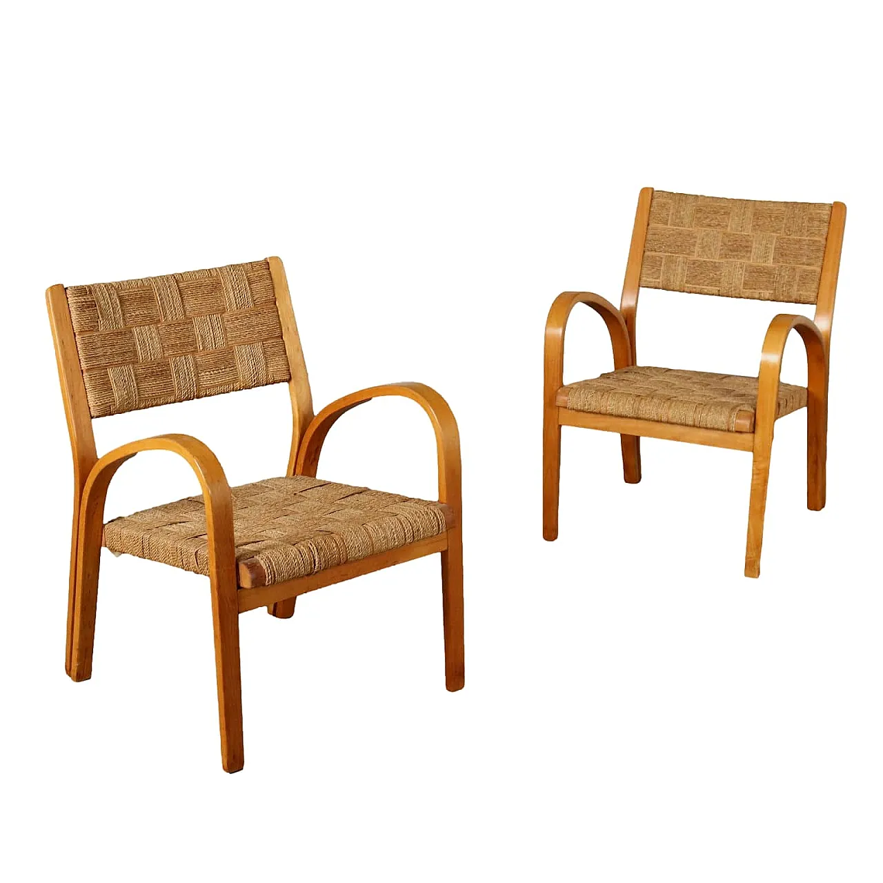 Pair of armchairs in beech wood and woven rope, 1950s 1