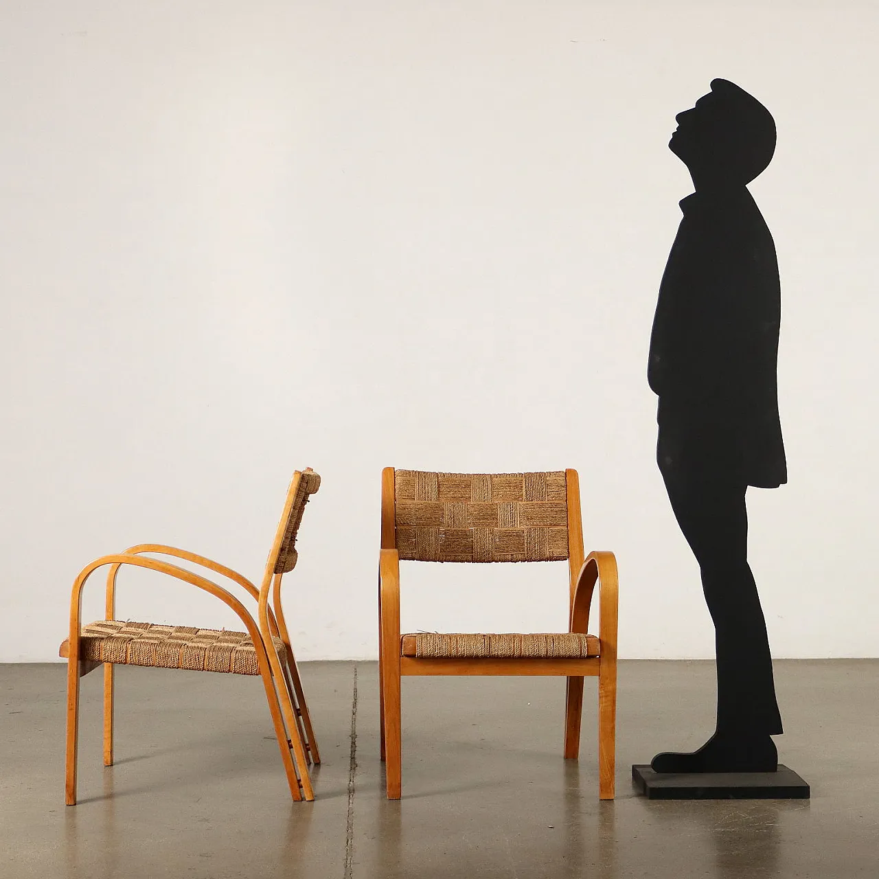 Pair of armchairs in beech wood and woven rope, 1950s 2