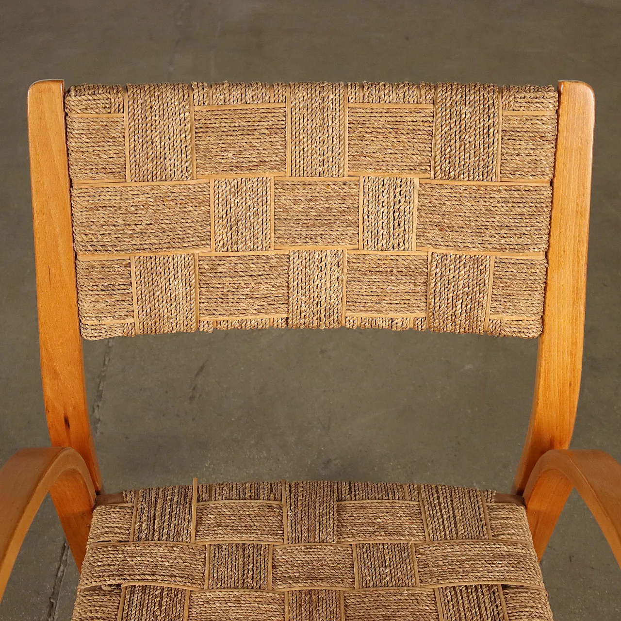Pair of armchairs in beech wood and woven rope, 1950s 3