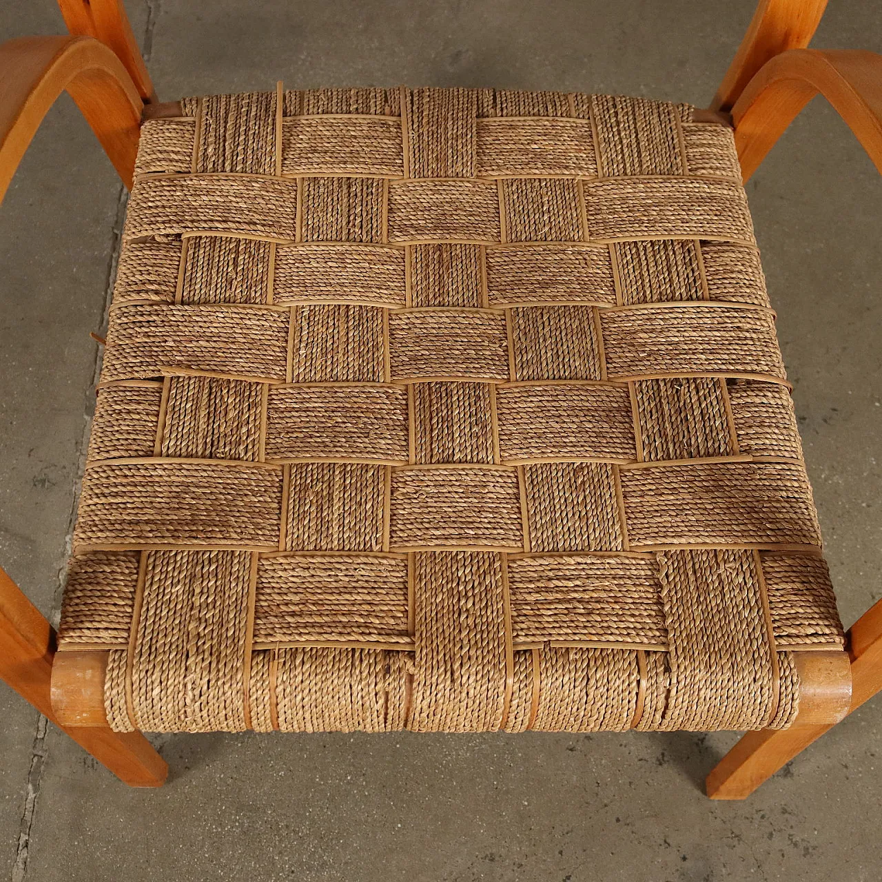 Pair of armchairs in beech wood and woven rope, 1950s 4