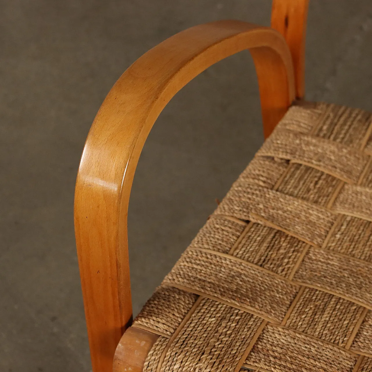 Pair of armchairs in beech wood and woven rope, 1950s 5