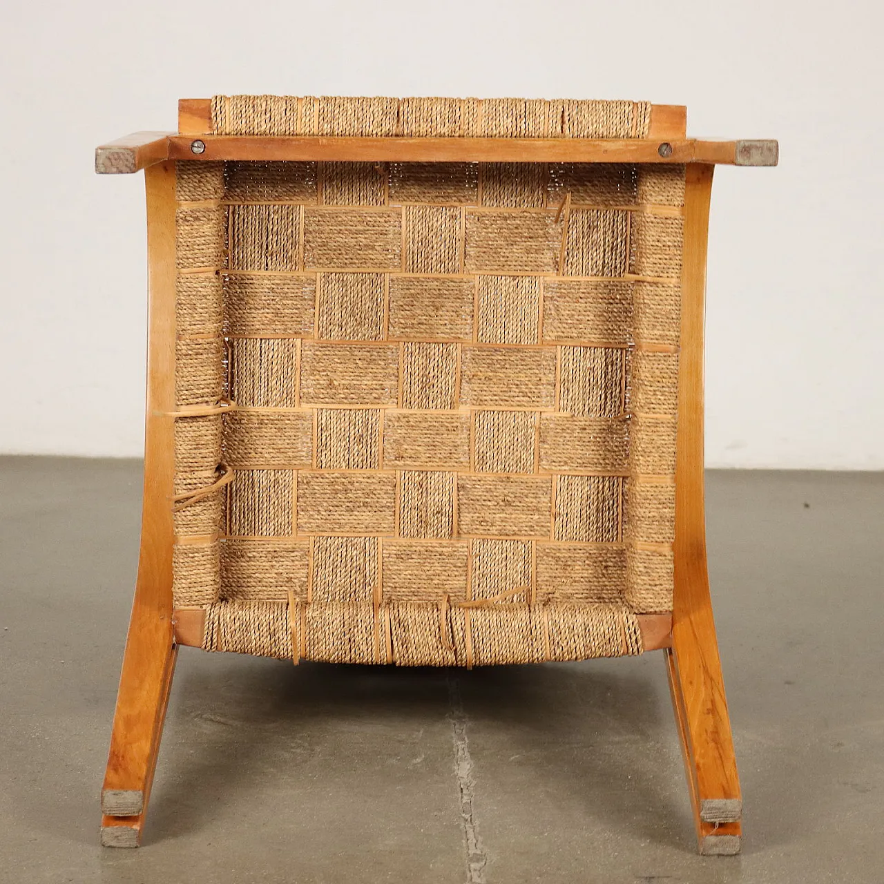 Pair of armchairs in beech wood and woven rope, 1950s 8
