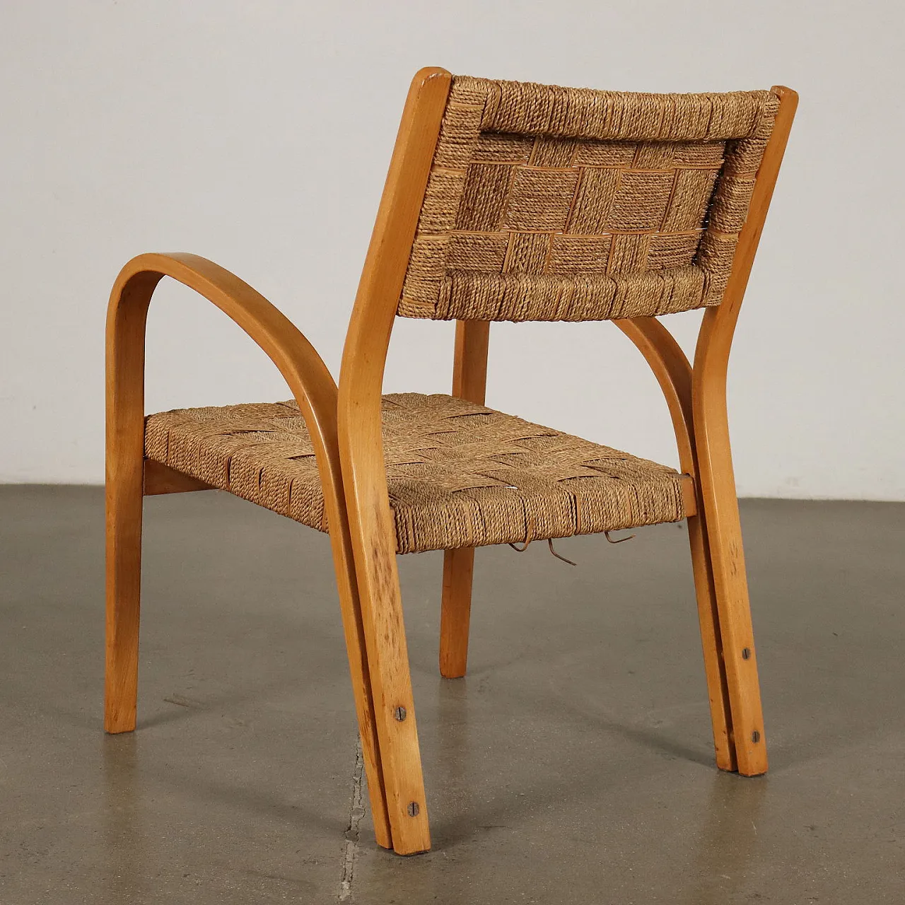 Pair of armchairs in beech wood and woven rope, 1950s 10