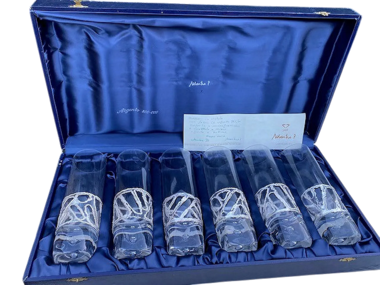 6 Bicchieri in cristallo con fascia in argento 925, fine '900 4