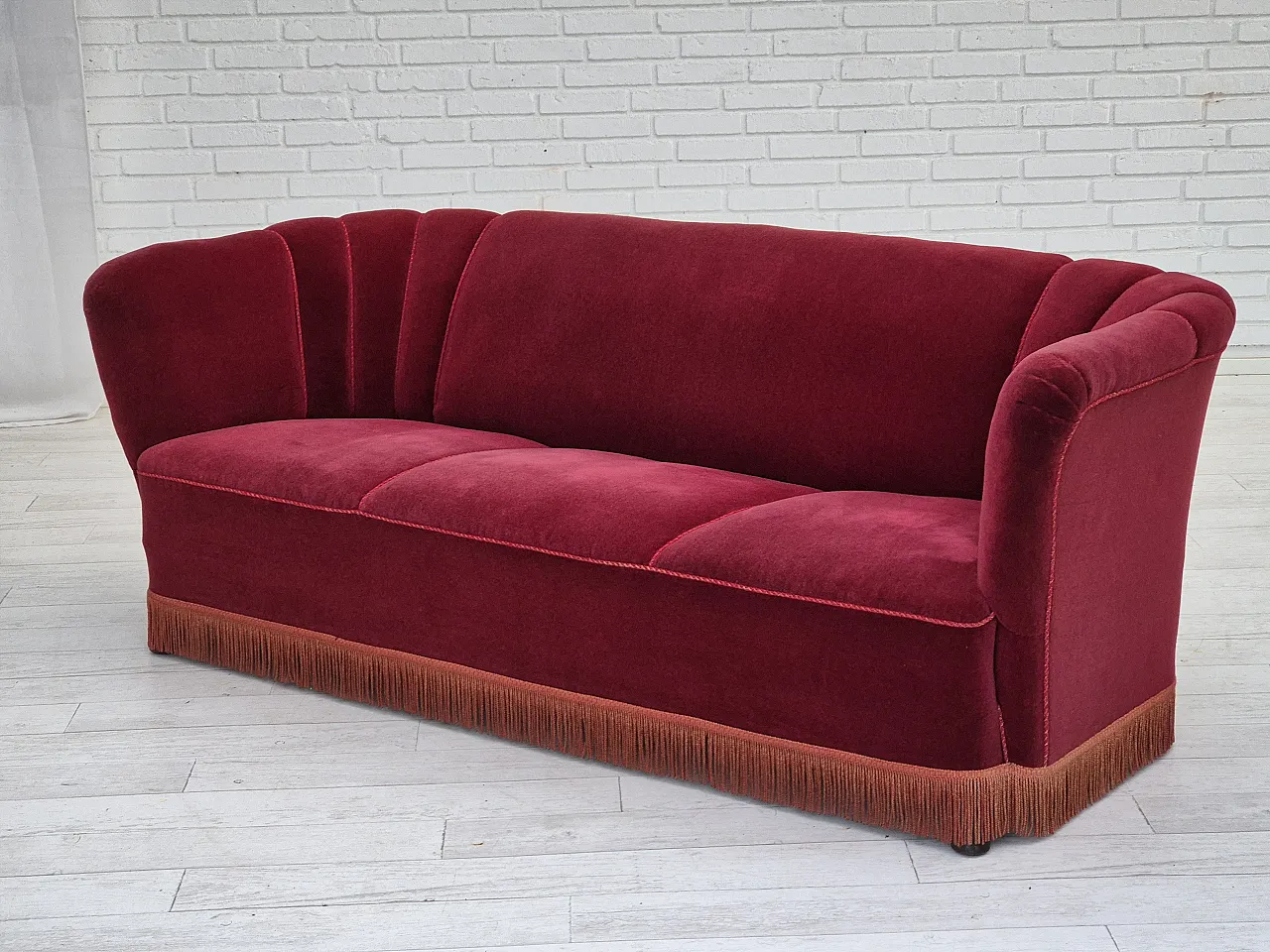Danish 3 seater sofa cherry-red furniture, 60s 15