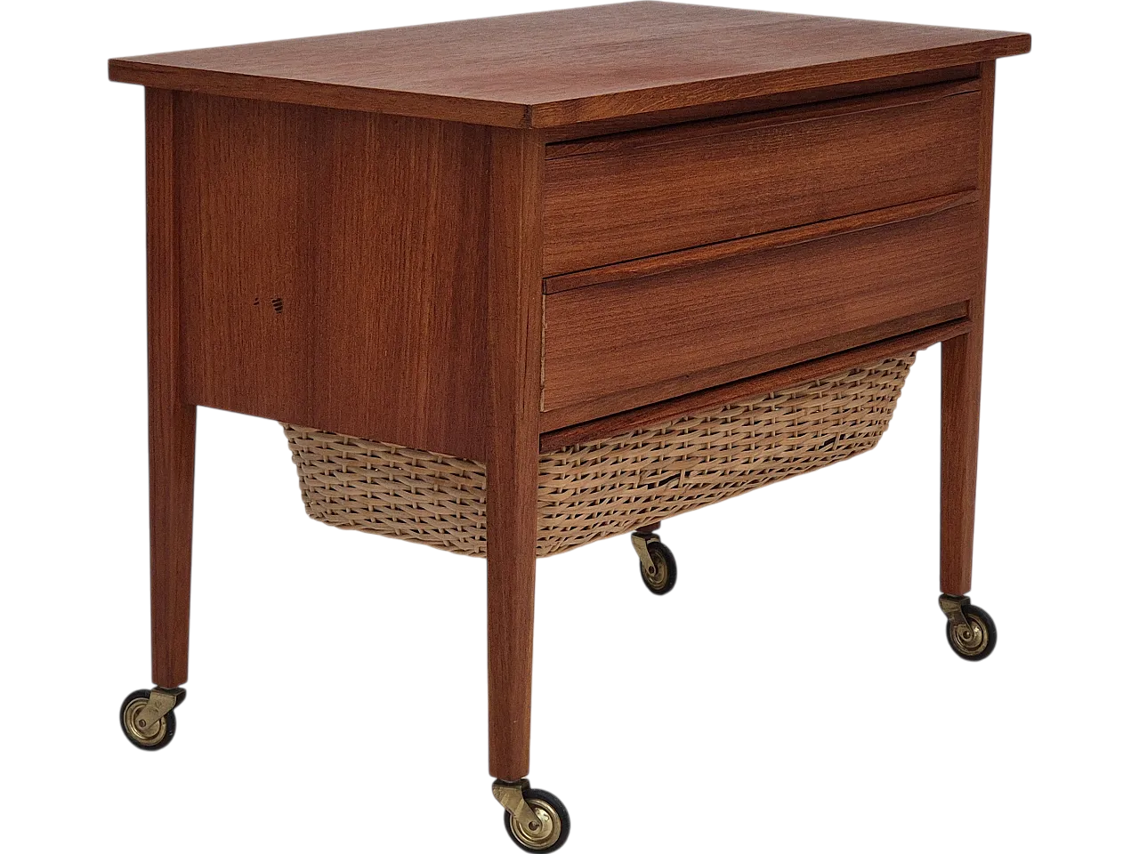 Danish side chest of drawers, teak wood, rattan, brass wheels, 70s 16