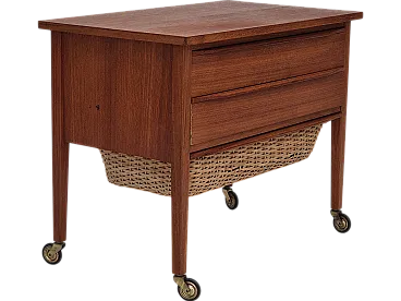 Danish side chest of drawers, teak wood, rattan, brass wheels, 70s