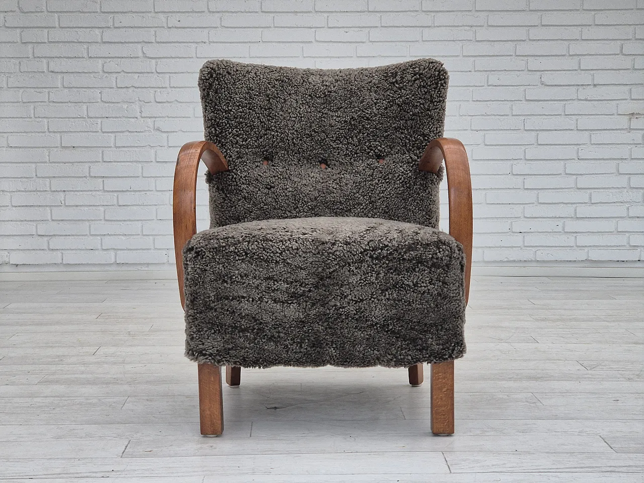 1960s, reupholstered Danish art deco armchair, genuine sheepskin. 6