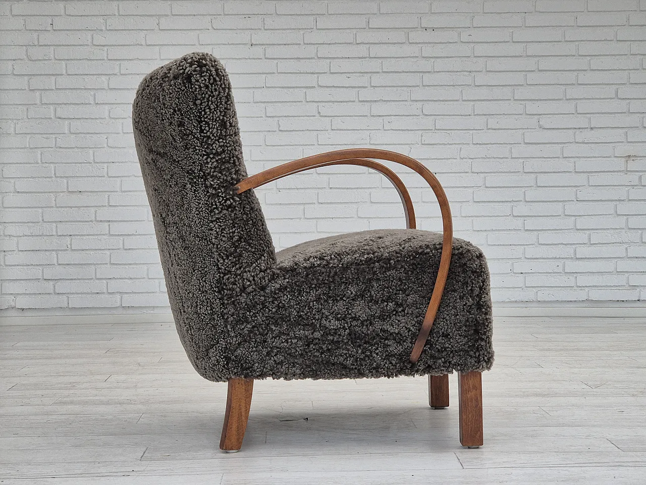 1960s, reupholstered Danish art deco armchair, genuine sheepskin. 10