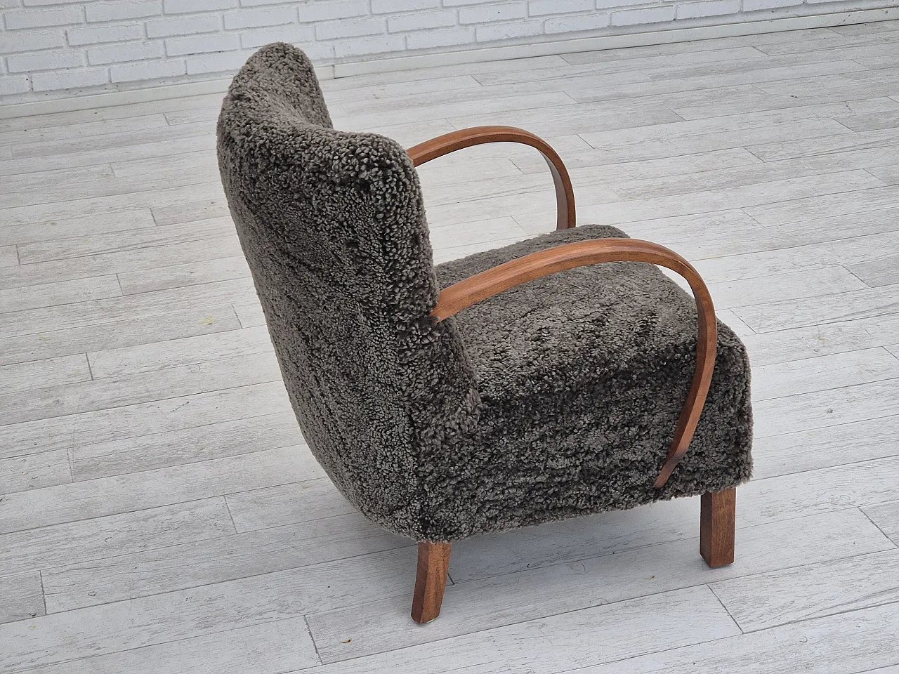 1960s, reupholstered Danish art deco armchair, genuine sheepskin. 11
