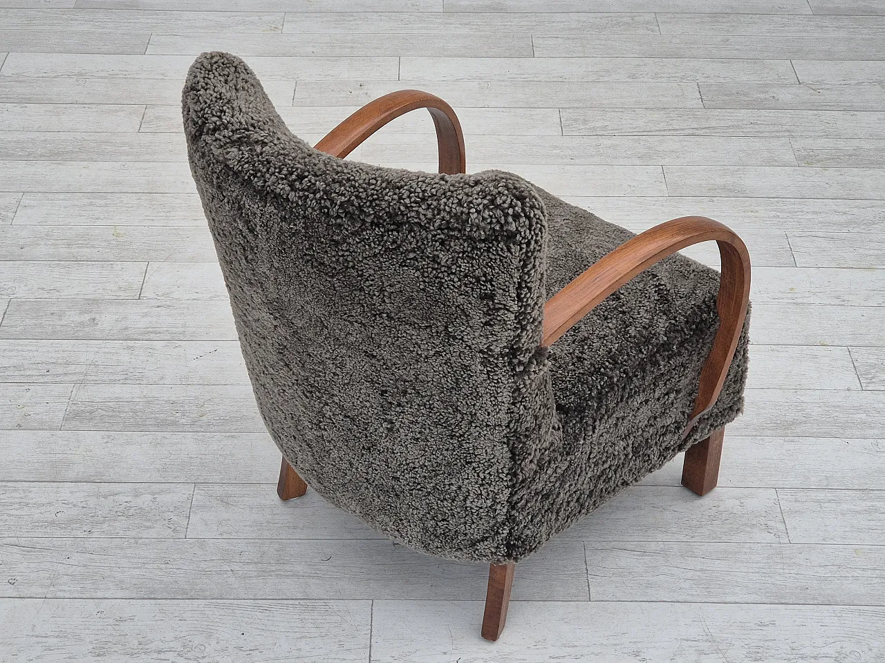 1960s, reupholstered Danish art deco armchair, genuine sheepskin. 12