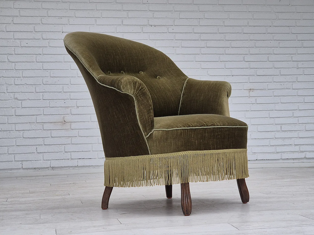 Danish lounge chair, green furniture velour, ash wood, 50s 1