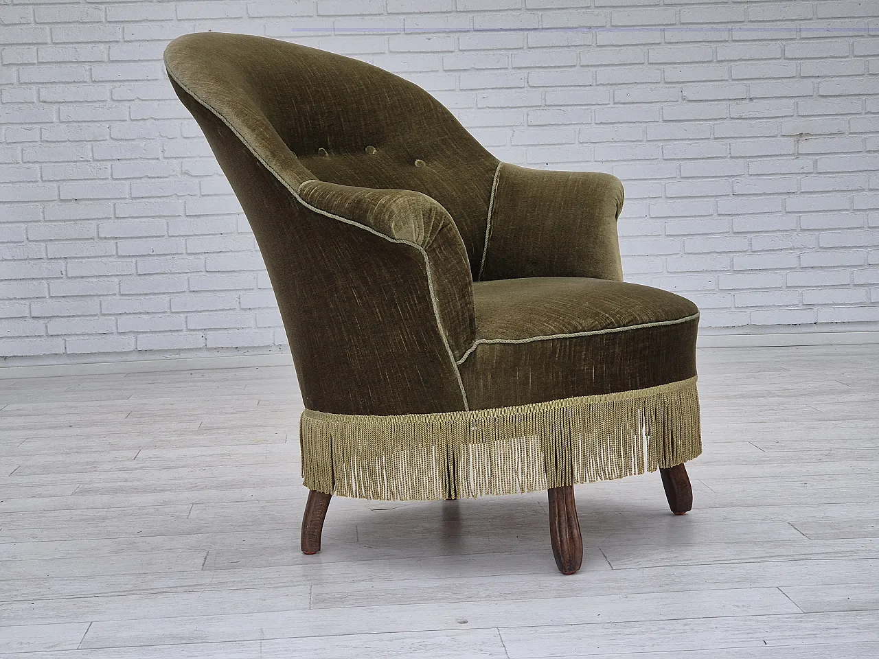 Danish lounge chair, green furniture velour, ash wood, 50s 2