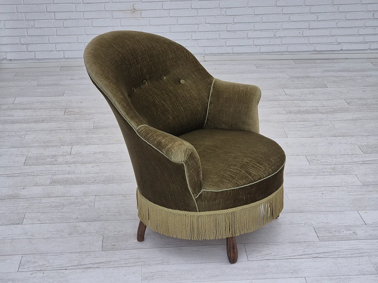 Danish lounge chair, green furniture velour, ash wood, 50s 3
