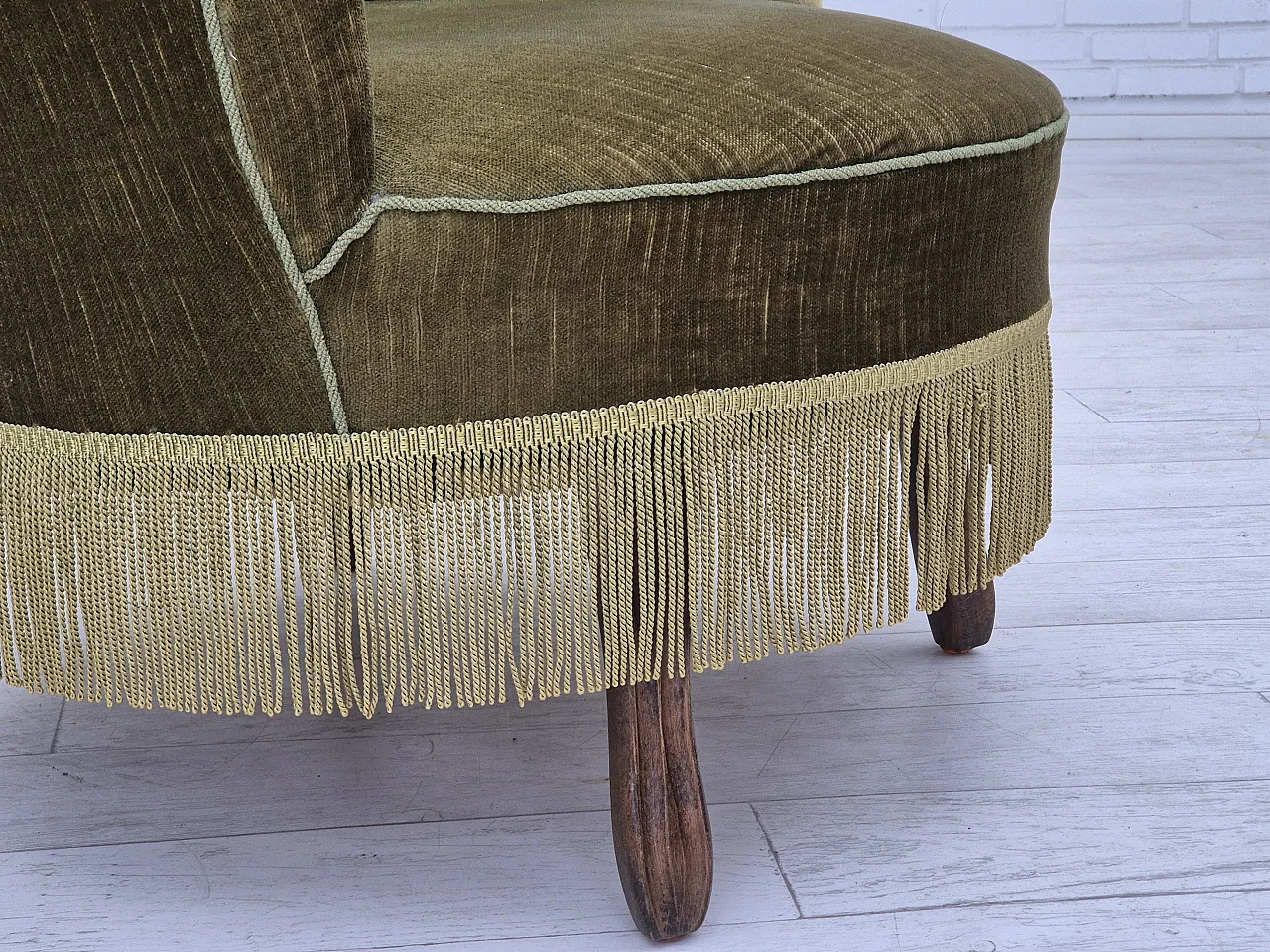 Danish lounge chair, green furniture velour, ash wood, 50s 4