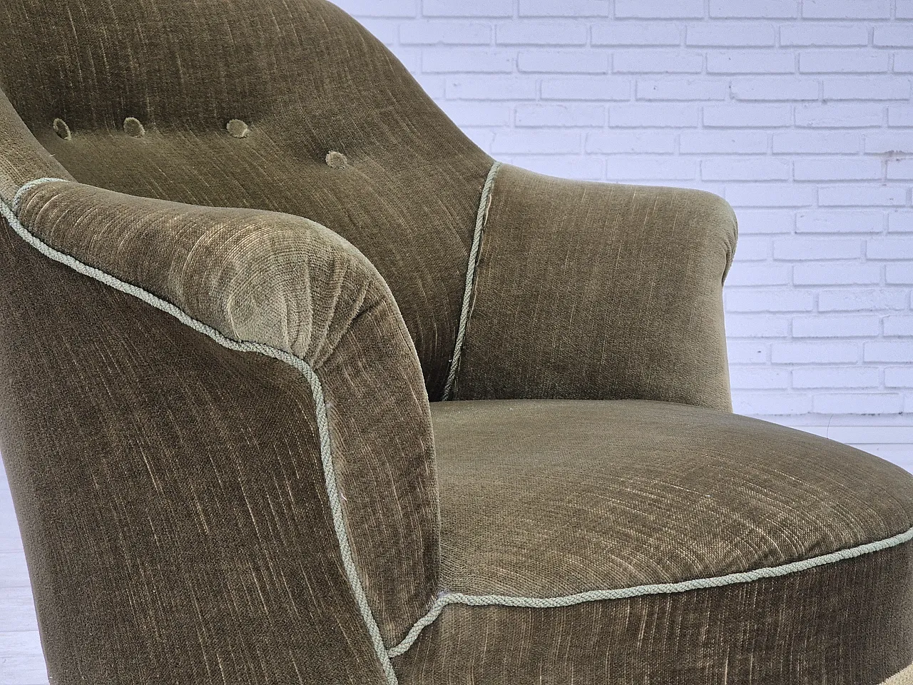 Danish lounge chair, green furniture velour, ash wood, 50s 5