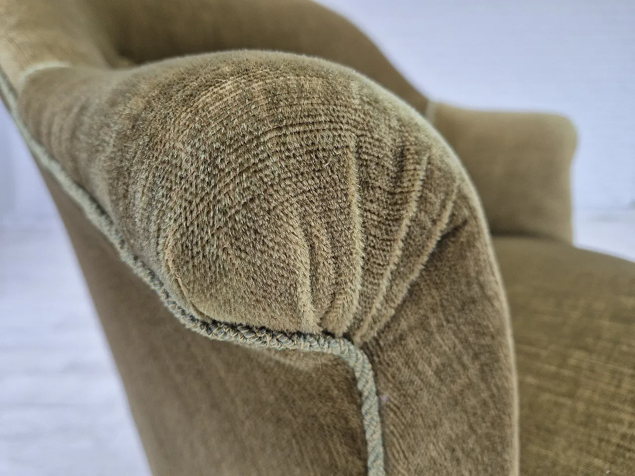 Danish lounge chair, green furniture velour, ash wood, 50s 8