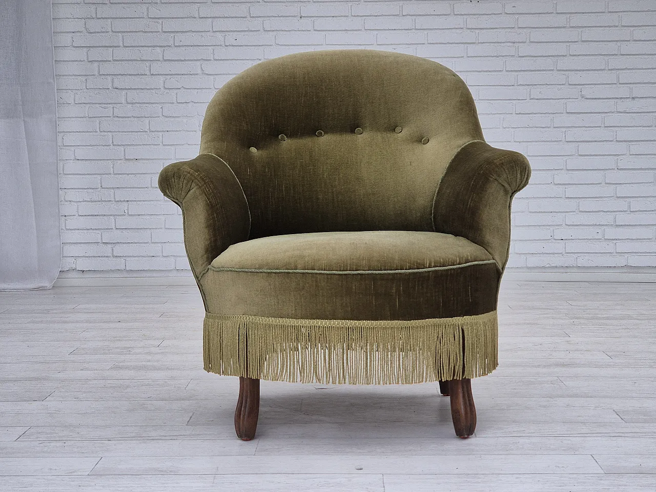 Danish lounge chair, green furniture velour, ash wood, 50s 9