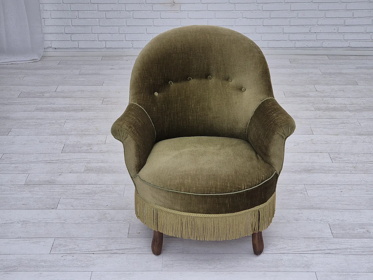 Danish lounge chair, green furniture velour, ash wood, 50s 10